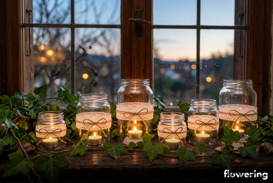 Lampiony ze słoików z koronką w otoczeniu żywego bluszczu