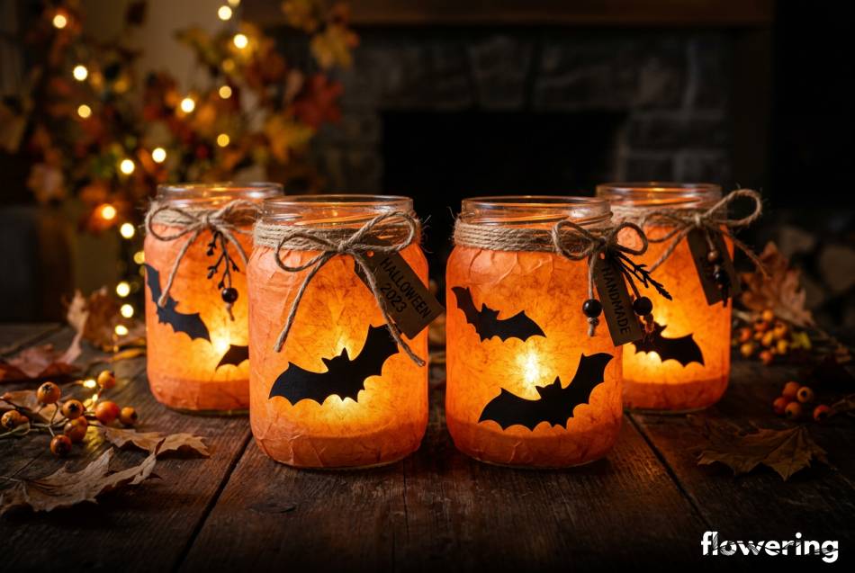 Lampiony ze słoików z nietoperzami i pomarańczową bibułą na Halloween