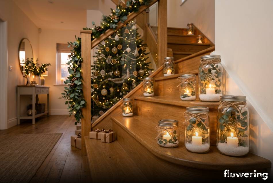 Szklane lampiony ze słoików z eukaliptusem i tealightami na schodach