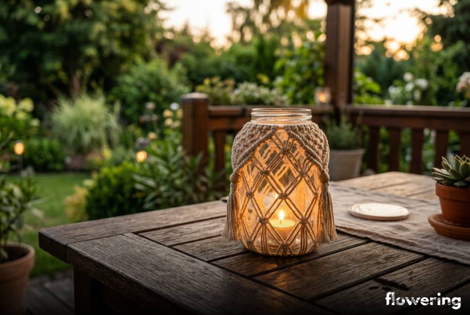 Lampiony ze słoików z makramą na letnim tarasie