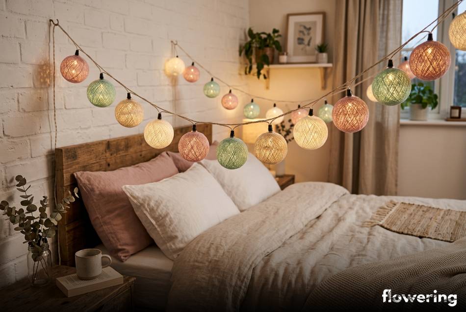 Lampki cotton balls z kordonka w przytulnej sypialni