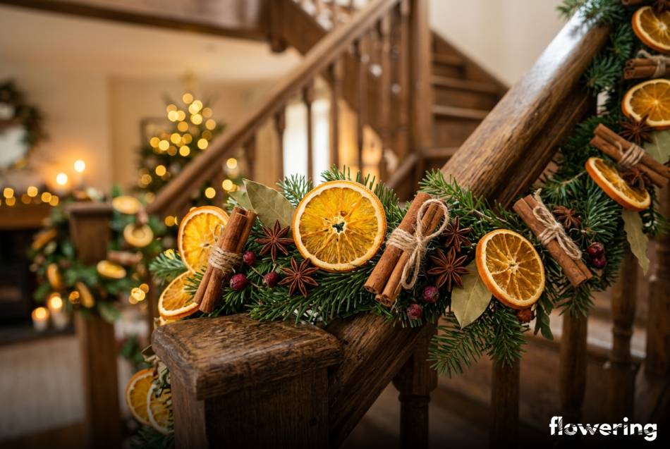 Naturalna girlanda z suszonych pomarańczy i cynamonu na schodach