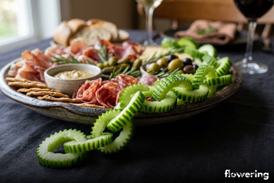 Dekoracyjny łańcuszek z rzeźbionych ogniw ogórka na półmisku