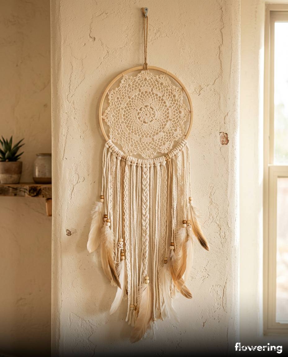 Łapacz snów z piórkami i koronką w stylu boho
