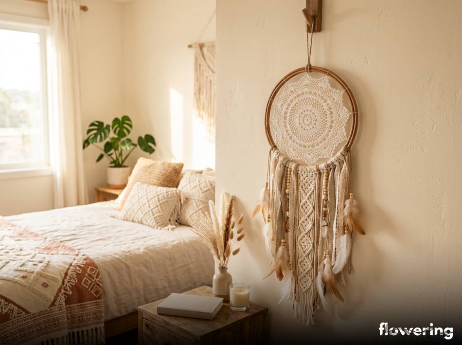 Boho łapacz snów z drewnianej obręczy i koronek