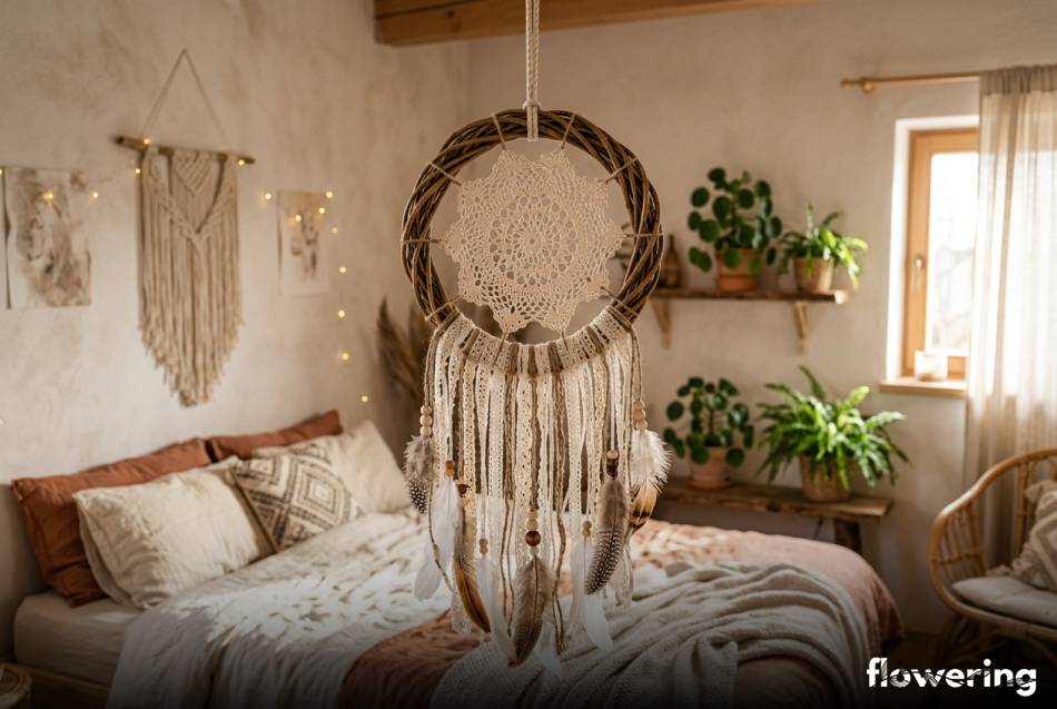 Łapacz snów z wierzbowej obręczy i bawełnianej koronki
