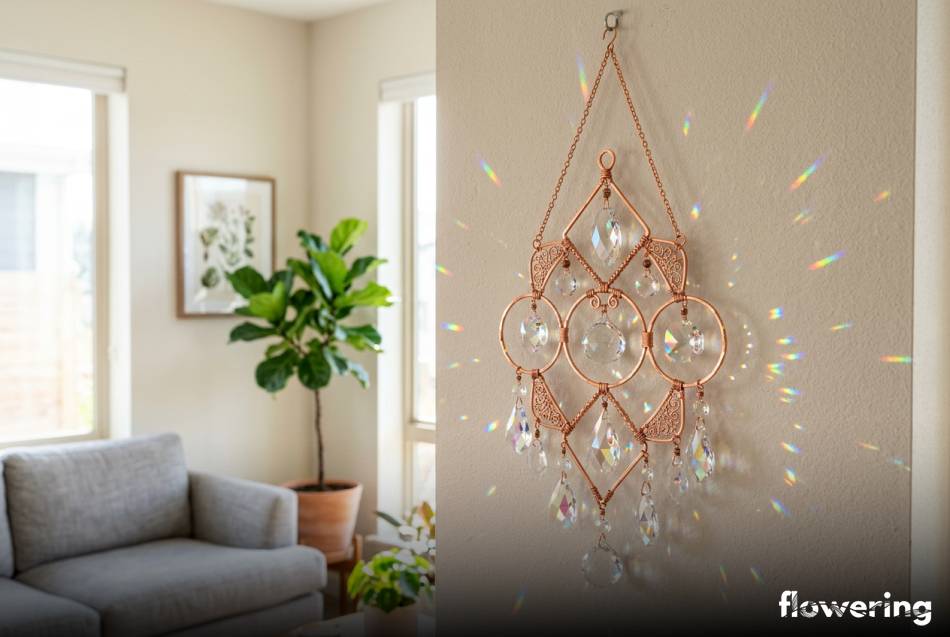 Miedziany łapacz światła z kryształami na ścianie