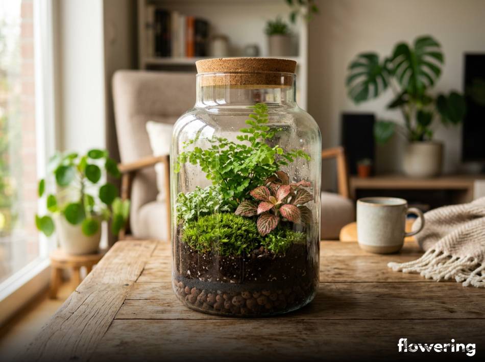 Zamknięty las w słoiku z paprocią i fittonią