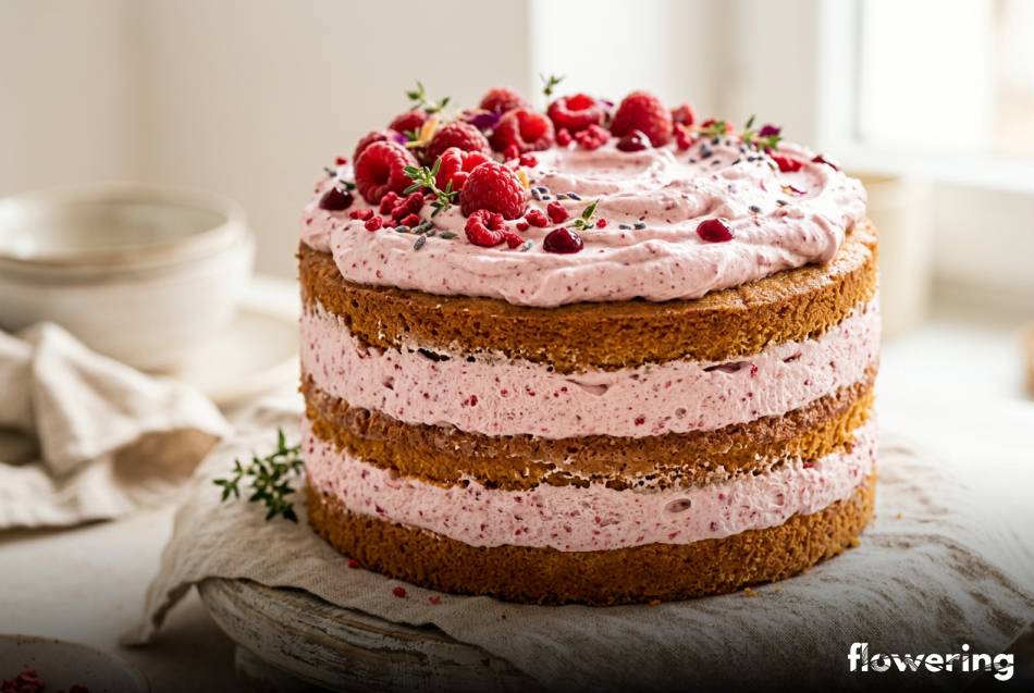 Różowy krem z mascarpone i malinami w torcie naked cake