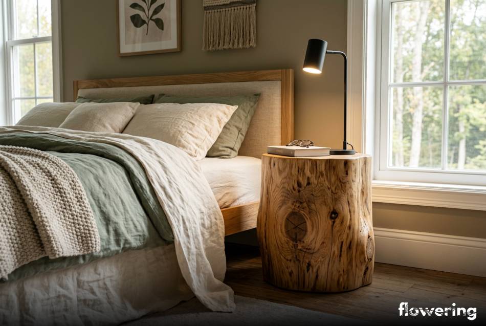 Oszlifowany pień drzewa jako stolik nocny w sypialni
