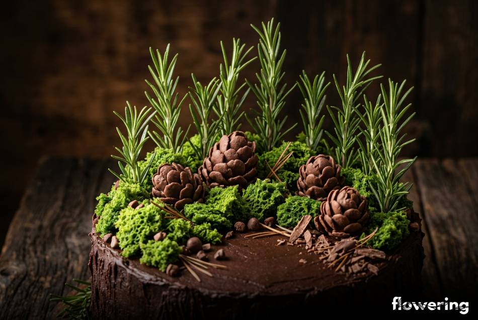 Leśny tort z mchem szpinakowym czekoladowymi szyszkami i rozmarynem