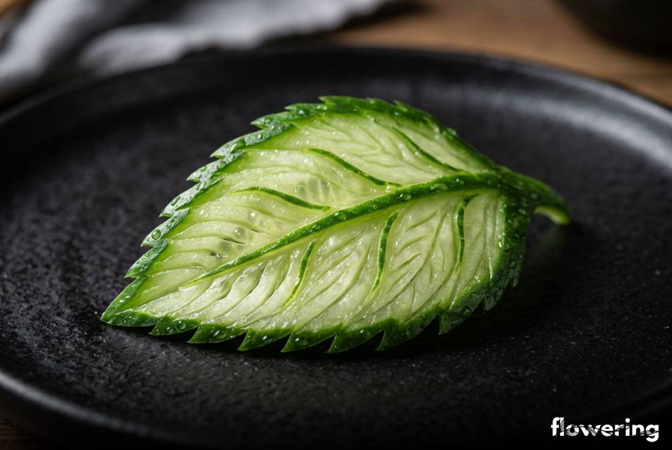 Precyzyjnie wyrzeźbiony listek z ogórka z widocznymi nerwami