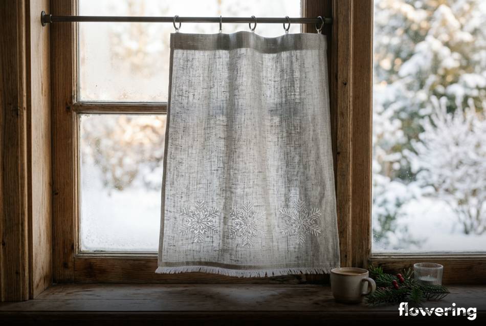 Lniana zazdrostka z białymi haftowanymi śnieżynkami w oknie
