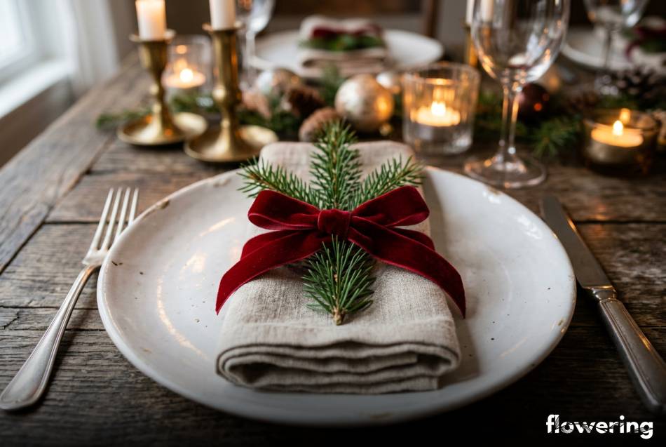 Lniane serwetki z gałązką świerku i czerwoną aksamitną wstążką
