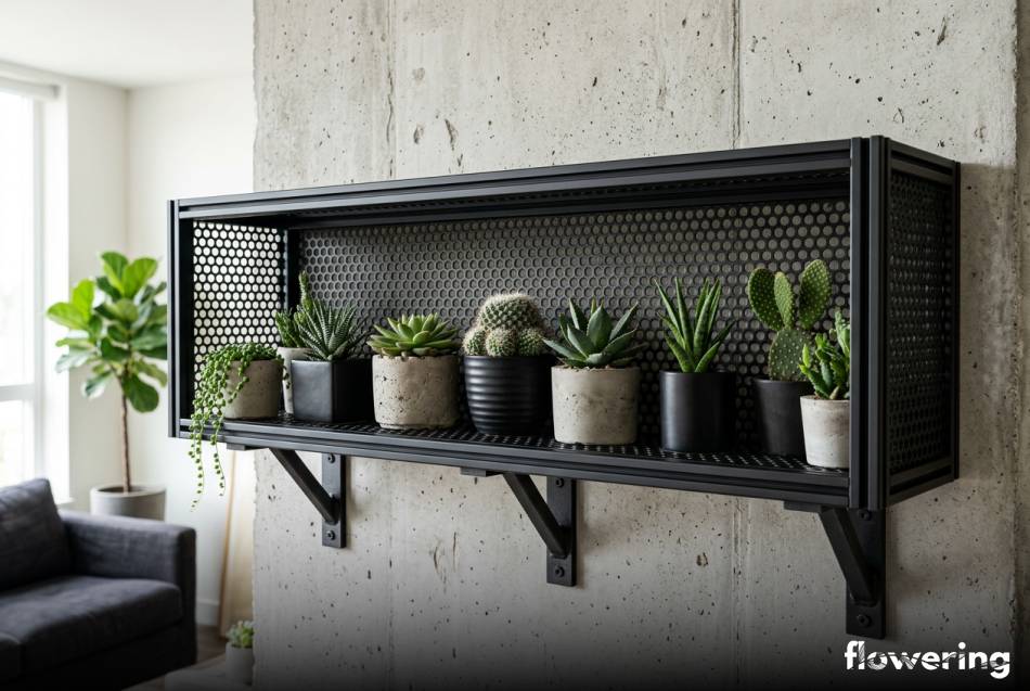 Czarna metalowa półka loftowa z sukulentami na ścianie