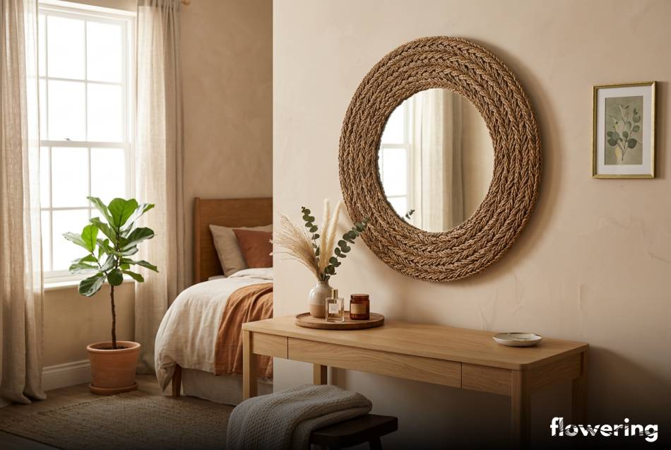 Okrągłe lustro w ramie z trawy morskiej w sypialni