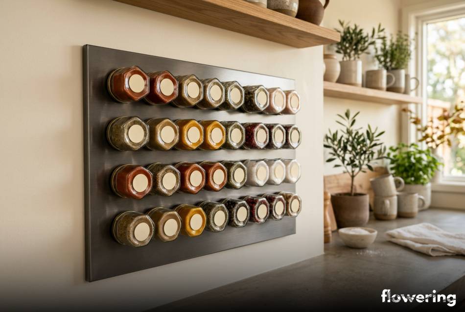 Magnetyczna tablica na przyprawy ze szklanych słoiczków