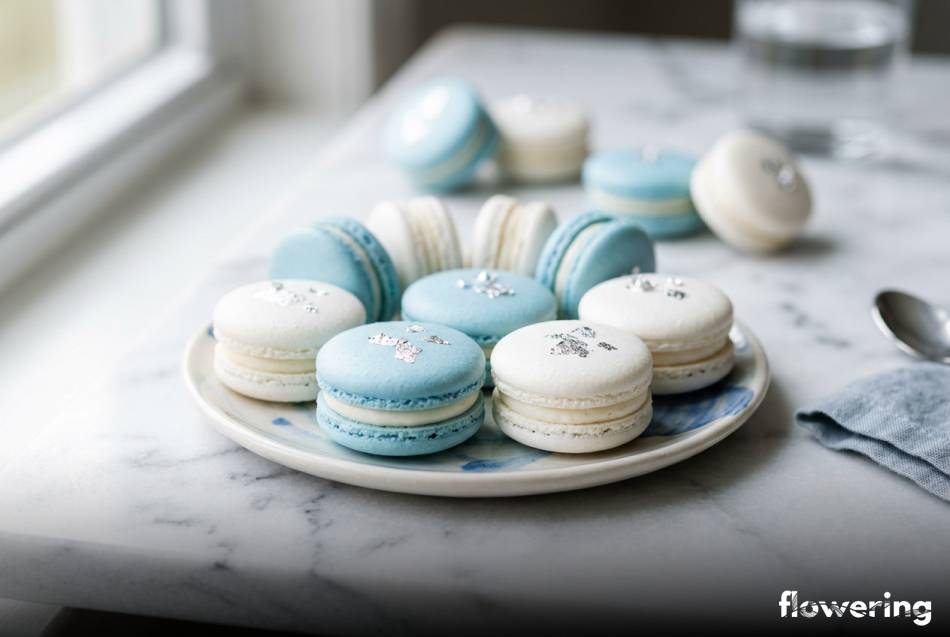 Błękitne i białe makaroniki z płatkami jadalnego srebra