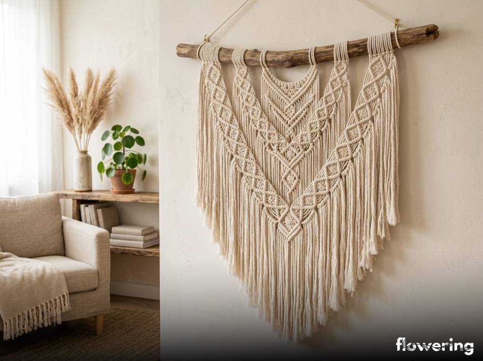 Wiszaca makrama scienna z chwostami w salonie boho