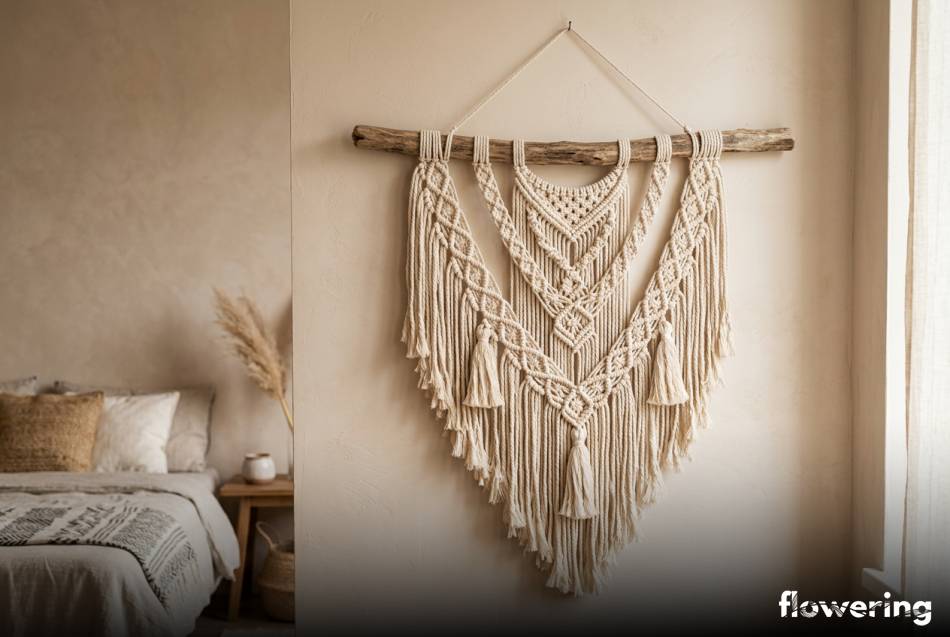 Ręcznie pleciona makrama z grubego sznurka na gałęzi