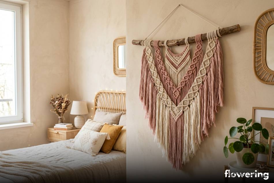 Boho makrama z bawełnianego sznurka na sosnowej gałęzi