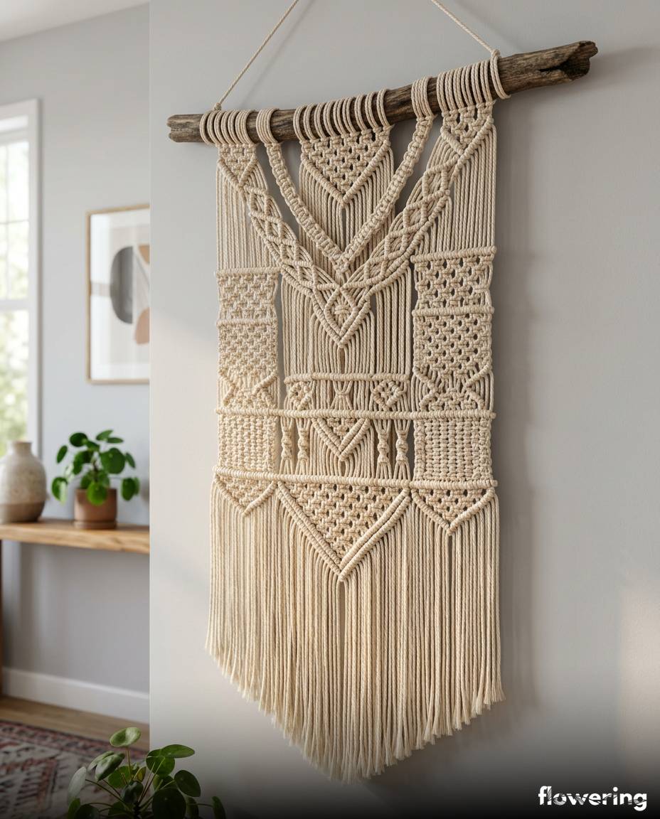 Makrama z bawełnianego sznurka na drewnianej gałęzi w stylu boho