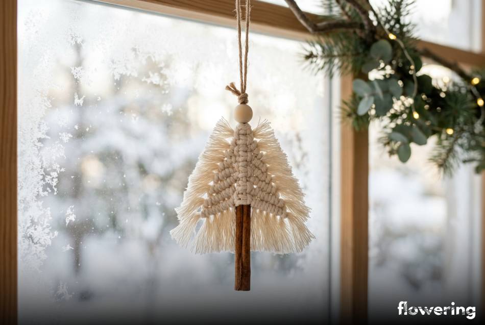 Makramowa choinka na lasce cynamonu jako dekoracja okna