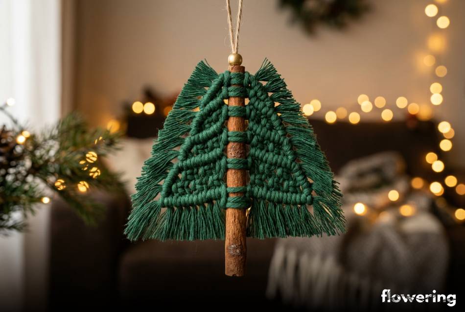 Makramowa choinka z zielonego sznurka na pionowej lasce cynamonu
