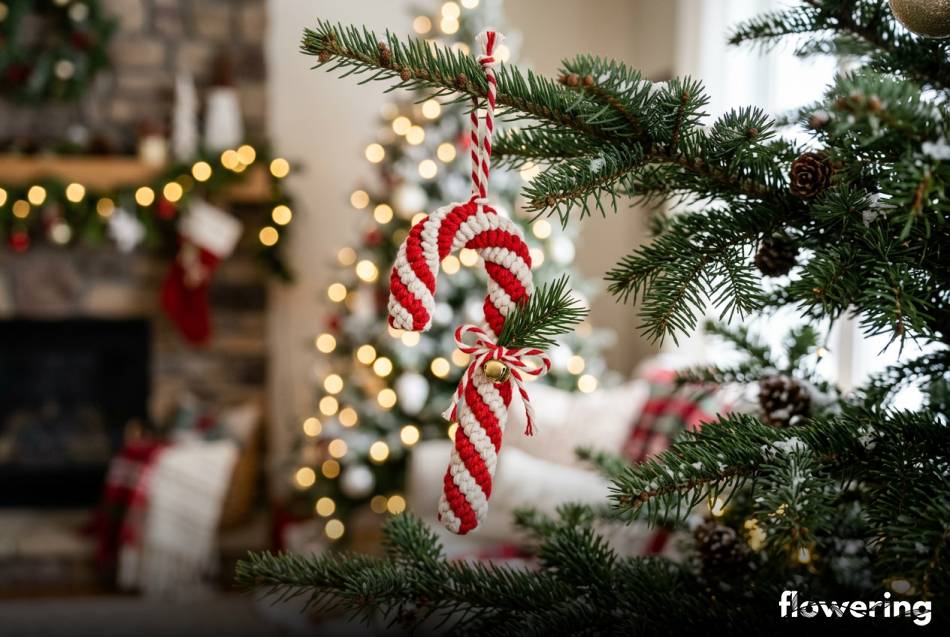 Makramowa laska cukrowa z czerwonego i białego sznurka na choince