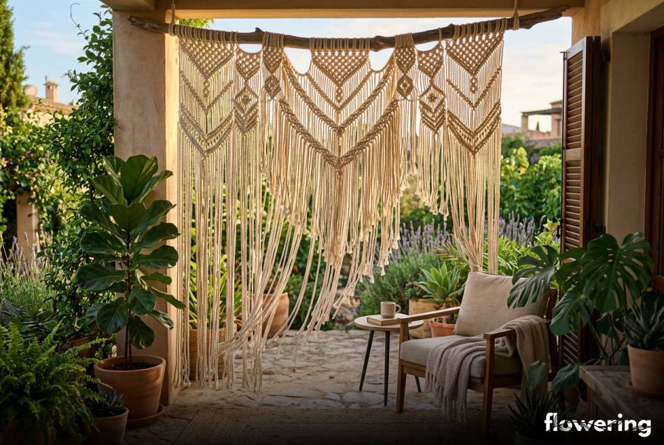 Makramowa zasłona z bawełnianego sznurka na słonecznym tarasie