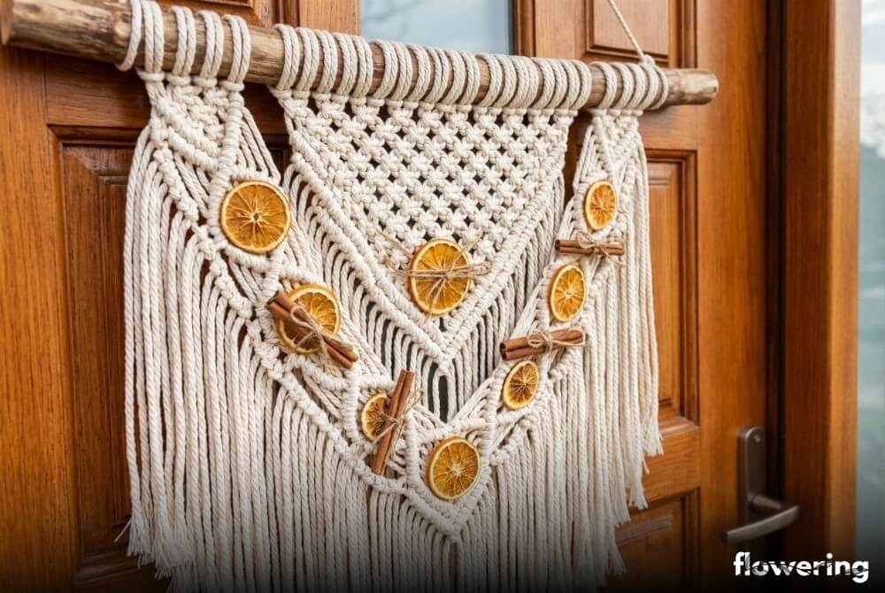 Makramowa zawieszka ze wplecionymi suszonymi plastrami pomarańczy i cynamonem