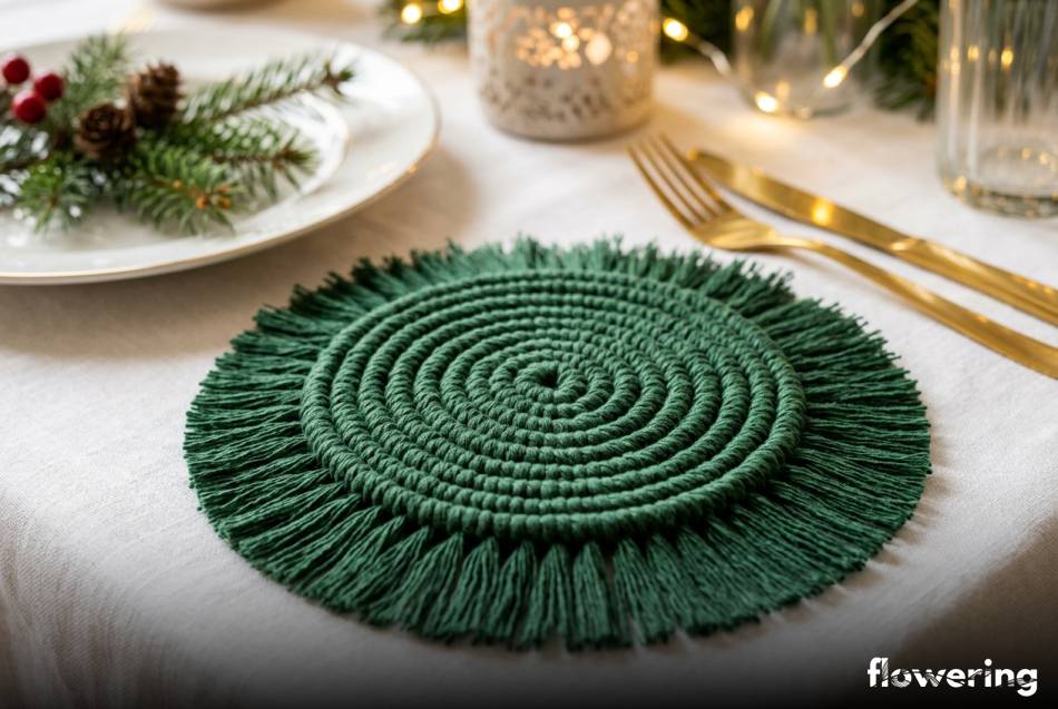 Zielone makramowe podkładki pod szklanki na stole wigilijnym