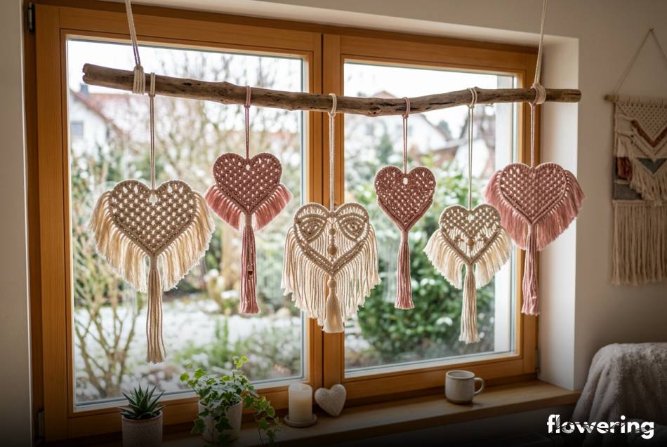 Makramowe serca na naturalnej gałęzi jako walentynkowa ozdoba okna