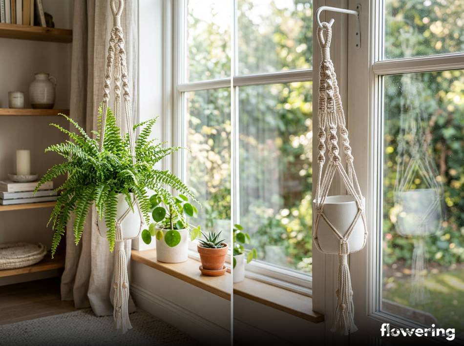 Makramowy kwietnik z bujną paprocią w ceramicznej donicy