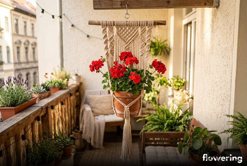 Makramowy kwietnik z pelargonią na słonecznym balkonie