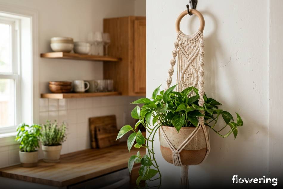 Makramowy kwietnik z bawełnianego sznurka z wiszącą paprocią