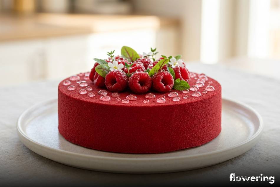 Matowy malinowy tort zamszowy z jadalnymi kropelkami rosy