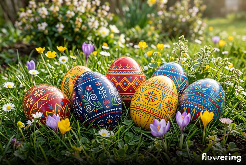 Kolorowe kamienie ogrodowe malowane we wzory tradycyjnych pisanek