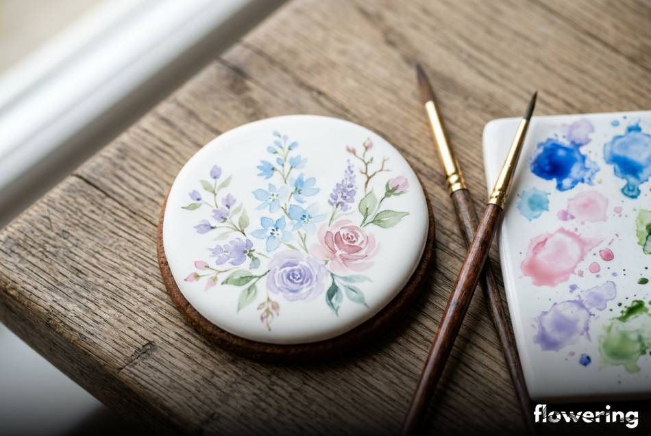 Piernik z białym lukrem ozdobiony ręcznie malowanymi kwiatami akwarelowymi