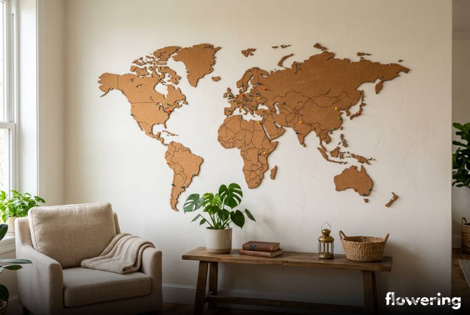 Korkowa mapa świata na ścianie ze szpilkami podróżnika