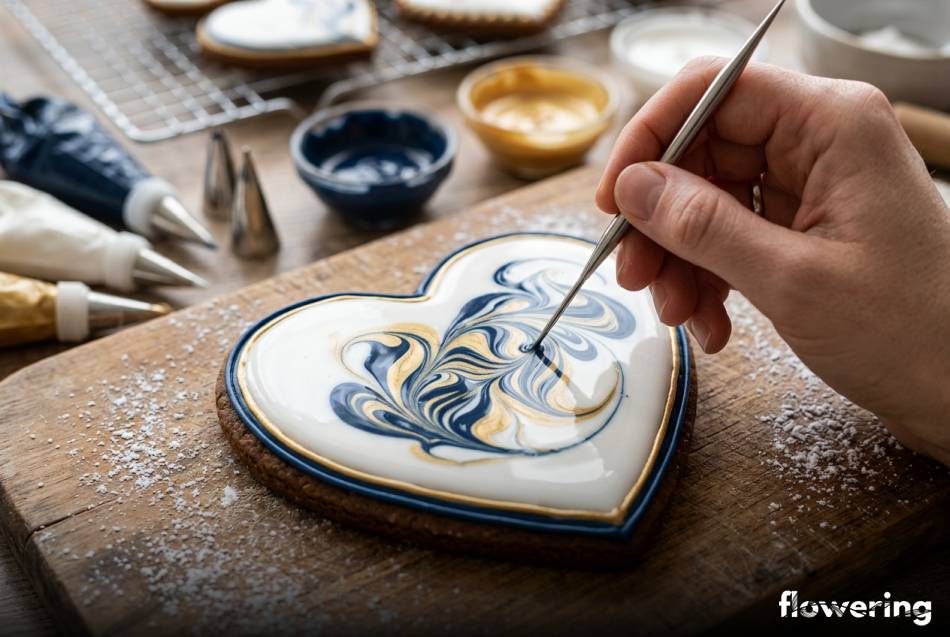 Marmurkowe dekoracje lukrem królewskim na świątecznych pierniczkach