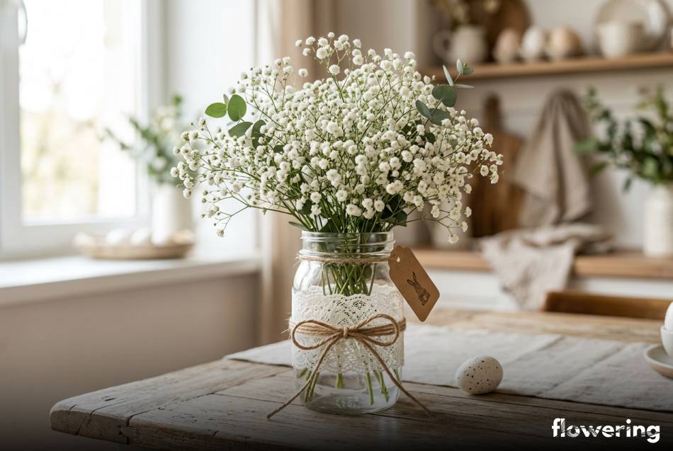 Mason jar z białą koronką i bukietem gipsówki