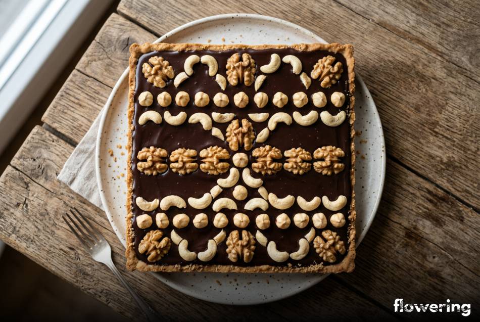 Mazurek wielkanocny z czekoladowym ganache i geometrycznym wzorem z orzechów