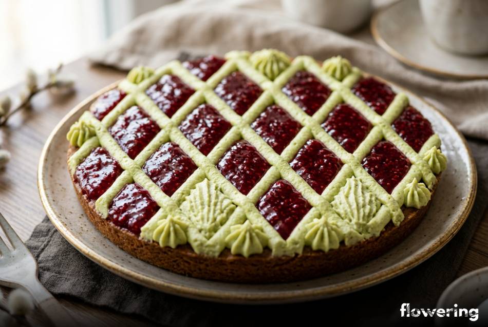 Mazurek wielkanocny z geometryczną dekoracją z kremu pistacjowego i malin
