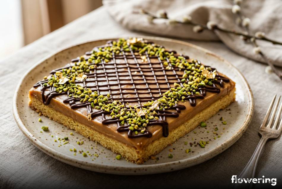 Mazurek z kajmakiem czekoladową siatką oraz zielonymi pistacjami