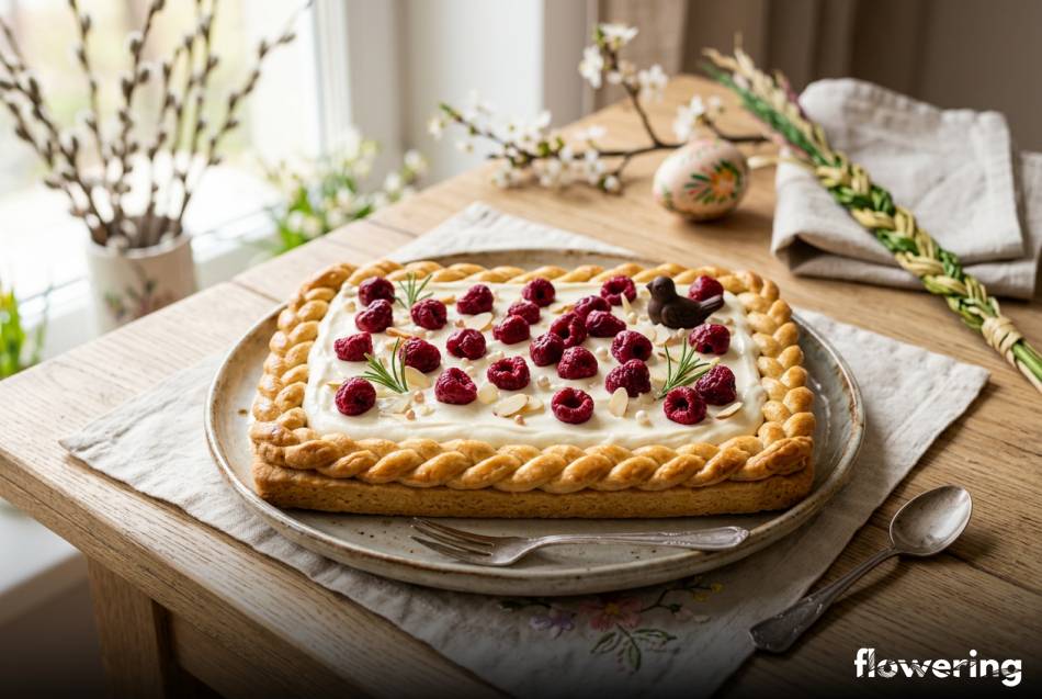 Mazurek wielkanocny z warkoczem z ciasta i wiśniami liofilizowanymi