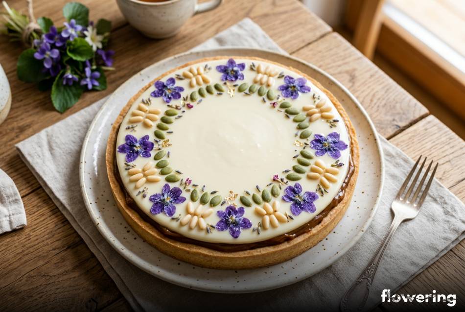 Mazurek wielkanocny udekorowany kandyzowanymi fiołkami i orzeszkami pinii