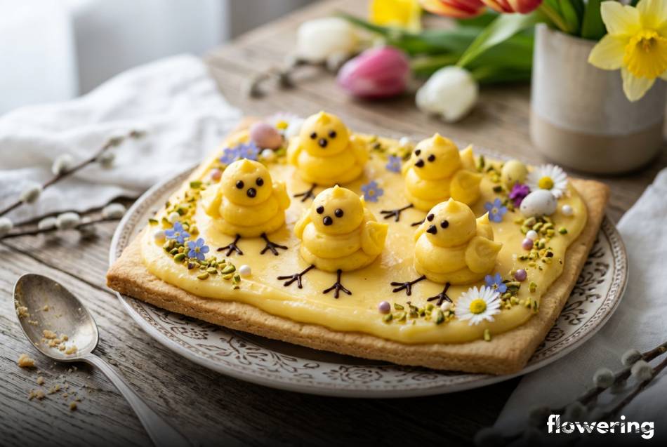 Mazurek wielkanocny udekorowany kurczaczkami z żółtego kremu i czekolady