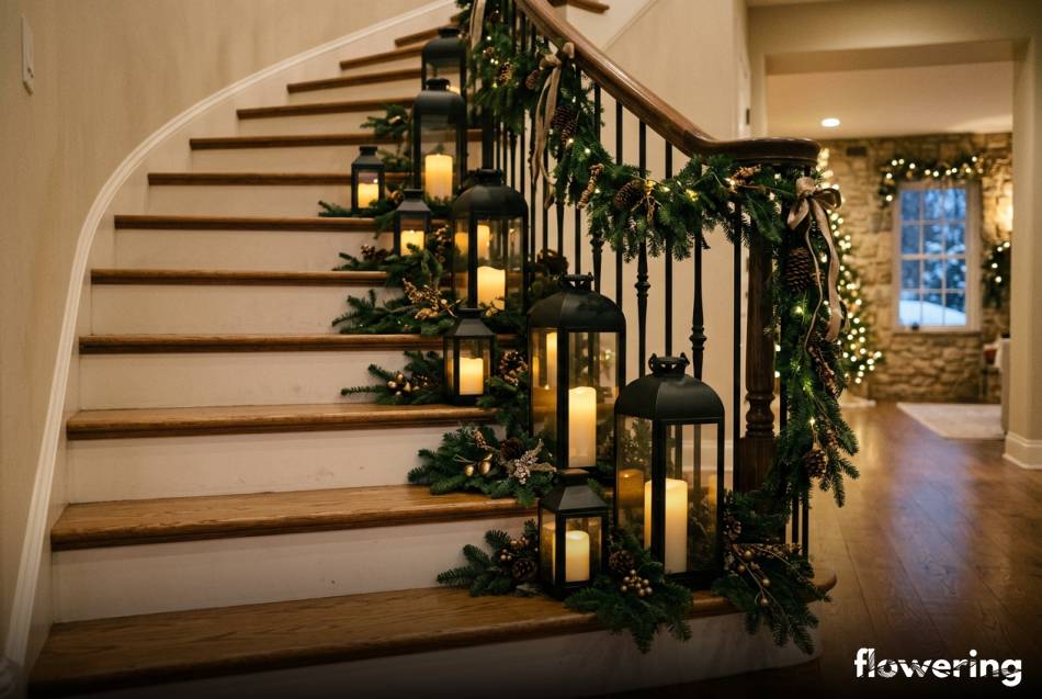 Metalowe latarnie z woskowymi świecami LED i jodłą na schodach