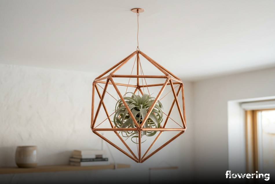 Geometryczna instalacja z miedzianych rurek i tillandsii pod sufitem